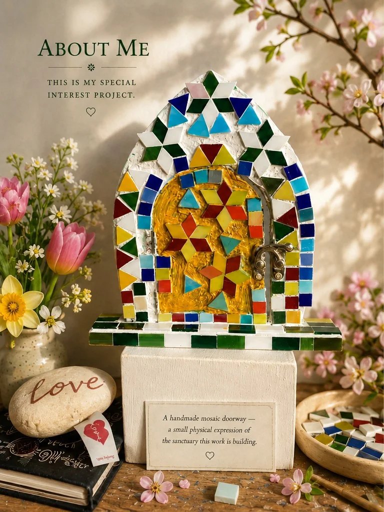 A handmade mosaic doorway in jewelled tiles, set on a parchment-cream surface alongside a vase of pink tulips and white wildflowers, a small love-stone, an open book, and a tray of loose mosaic pieces.
